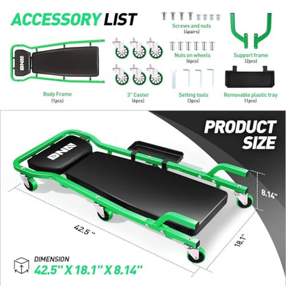 DNA MOTORING TOOLS-00273 Rolling Car Creeper with 3-leves Adjustable Headrest & 6 Casters,300lbs Max Weight Capacity,Green - color: Green
