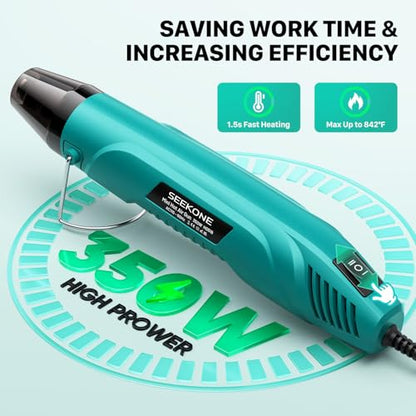 SEEKONE 350W Mini Heat Gun, Dual-Temp Model 500℉ & 842℉（260℃ & 450℃）Fast Heat Hot Air Gun with Overheat Protection and Reflector Nozzle for Heat Shrinking Tubes, Shaping, PVC Tubing（4.9FT） - color: Blue