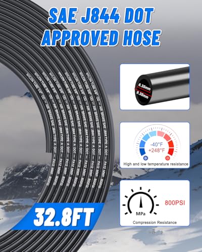 3/8" DOT Air Line Kit, 32.8FT(10M) SAE J844 PA Nylon Air Hose Tubing with Cutter and Teflon Tape, 3/8 Air Hose with Push to Connect Fittings for Air Bags Suspension or Air Brake System(32PCS) - size: 32 PCS