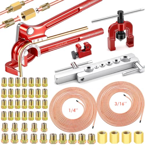 smseace 55Pack 3/16 Inch+1/4 Inch Brake line kit Include 25 FT Copper-Plated Brake Lines with Fitting(32pcs Fittings,4pcs Union+8pcs Nut) Brake line Bender,Single Flare Tool,Cutter Brake line kit - color: Gold-A, size: 3/16inch+1/4inch