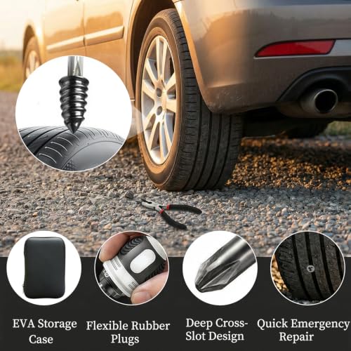 Tire Repair Kit, 60PCS Rubber Tire Repair Plugs, 3-in-1 Ratchet Tool | With Screwdriver, Needle Nose Pliers & EVA Storage Case, Tubeless Emergency Repair Kit for Car, Motorcycle, SUV & Truck
