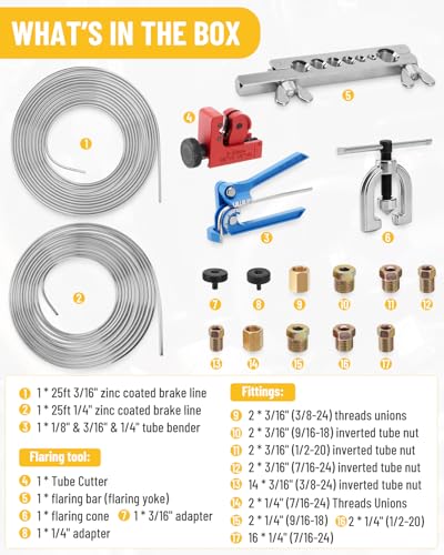 25 ft 3/16 and 1/4 in Brake Line Flaring Tool Kit | 40pcs fittings, 4 unions, tube bender, cutter, 7-size flaring bar, zinc-plated lines - color: 3/16 in & 1/4 in Zinc-Plated