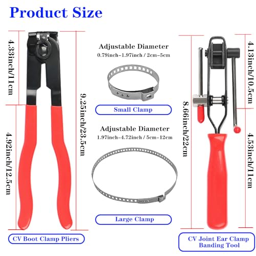 Universal CV Boot Clamp Pliers and CV Joint Ear Clamp Banding Tool,with 10pcs 304 Stainless Steel Adjustable Axle CV Joint Boot Crimp Clamp