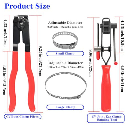 Universal CV Boot Clamp Pliers and CV Joint Ear Clamp Banding Tool,with 10pcs 304 Stainless Steel Adjustable Axle CV Joint Boot Crimp Clamp