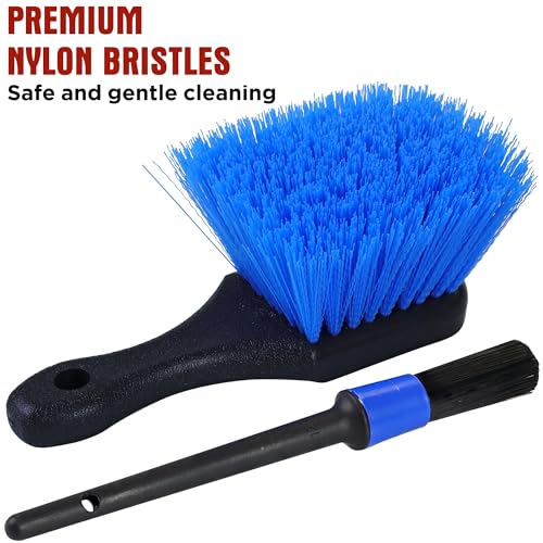 TAKAVU Wheel & Tire Brush, Stiff Bristle Short Handle, Scratch-Safe (Blue) | Includes Detail Brush, Cleans Rims, Wheel Wells, Interior Vents & Emblems, Car Detailing Cleaning Kit - color: Blue