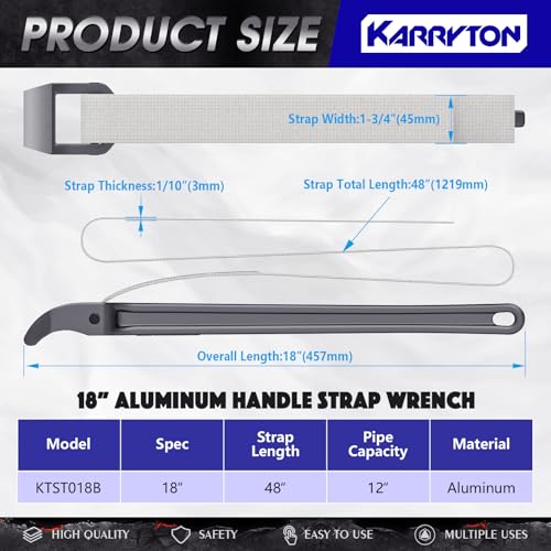 18 Inch Strap Wrench, Aluminum Handle w/ 48" Long Nylon Strap for 12” Max OD Capacity – Heavy-Duty Oil Filter Wrench for Round, Slippery, Odd-Shaped Objects