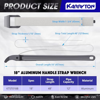18 Inch Strap Wrench, Aluminum Handle w/ 48" Long Nylon Strap for 12” Max OD Capacity – Heavy-Duty Oil Filter Wrench for Round, Slippery, Odd-Shaped Objects