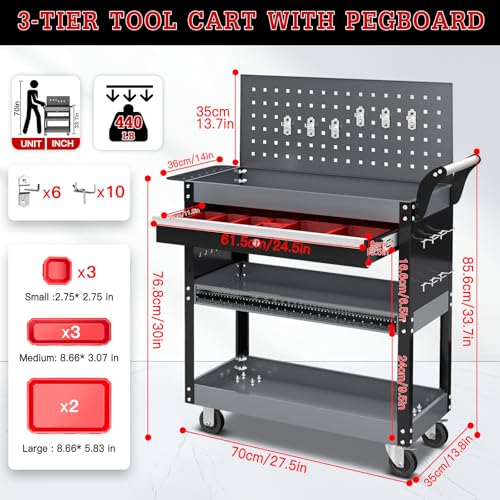 AIRAJ 3 Tier Rolling Tool Cart On Wheels, Mechanic Tool Cart,Industrial Utility Cart with Drawers & Pegboard,440 LBS Heavy Duty Tool Storage Work Cart for Garage, Workshop, Factory and Repair Shop