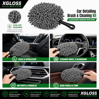 XGloss Motor™ 19-Piece Car Detailing Brush & Cleaning Kit – Drill Brush Set, Detail Brushes, Wheel Brushes, Wash Mitt, Towel, Vent & Dusting Brushes, Applicator Pad & Storage Bag