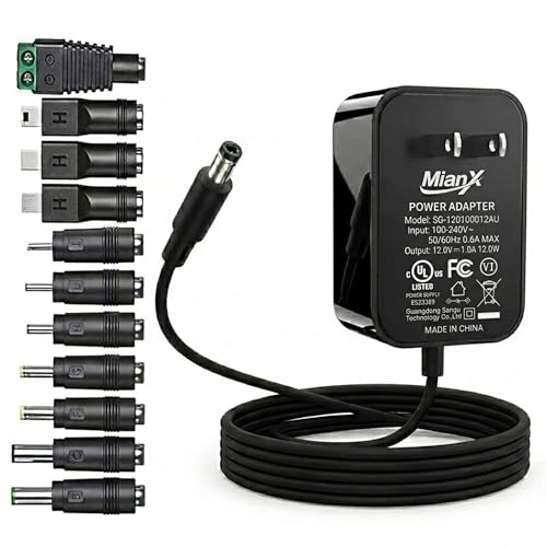 12V 1A Power Supply AC Adapter Replacement with 11 Tips, Regulated 12 Volts 1000mA Cord Charger for LED Strip Light, CCTV Camera, GPS, Webcam, Router, BT Speaker DC12V Transformer