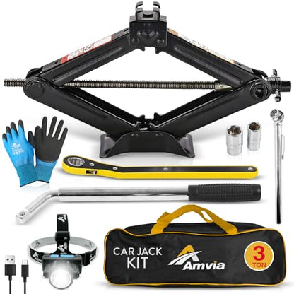 Car Jack Kit 3 Ton Scissor Jack with Lug Wrench Auto Tire Change Tool | Portable emergency kit, Cars & SUVs, Spare tire changing, LED headlamp, Tire pressure gauge, Work gloves - size: Car Jack Kit 3 Ton + Lug Wrench