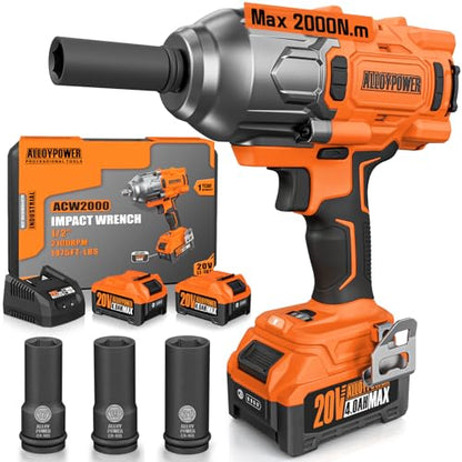 ALLOYPOWER Cordless Brushless Impact Wrench, 1475 ft-lbs (2000N.m), 1/2 High Torque power impact gun, 3-Mode Speed, 2*4000mAh Battery, 3 Sockets, Electric Impact Wrench Set for Car Tire Truck RV Mower