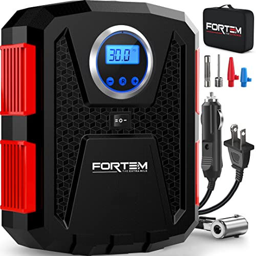 FORTEM Tire Inflator Portable Air Compressor, Air Pump for Car Tires and Bikes, Car Tire Pump w/Auto Shut Off, 150 PSI, 110V AC 12V DC, LED Light, Carrying Case, Perfect for Men, Women - color: Red, size: Large