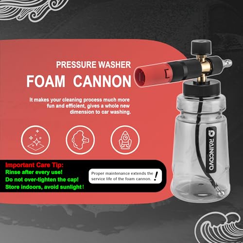 Raincovo Foam Cannon Wide Mouth for Pressure Washer, Thick Snow Foam Lance for Car Wash, Adjustable Soap Cannon with 1/4 Inch Quick Connector, Additional 1.1mm Orifice Nozzle
