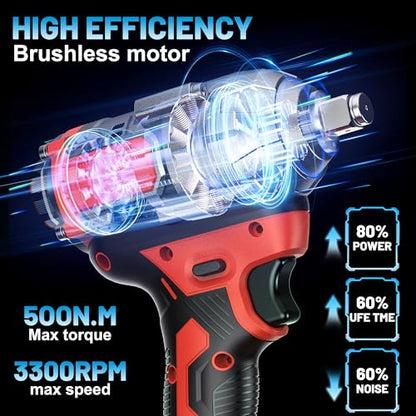 MGYM Cordless Impact Wrench 500Nm, 1/2inch Impact Wrench Gun Driver(Red) | High Torque Electric Tool Set with 2x4.0 Batteries, 6 Sockets, 8 Drill Bits, 6 Driver Bits, Drill Adapter for Home Car, DIY