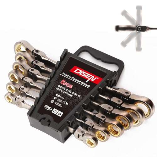 DISEN 6PCS 90 Teeth Ratcheting Wrench Set Double Box End Flex Head with Gray Nickel Coated Ratchet Wrench Set with Organizer, 12 Point 4° Swing Arc, CR-V Steel, for Home Daily Use, Gift for Man - style: 90 Teeth Standard Length