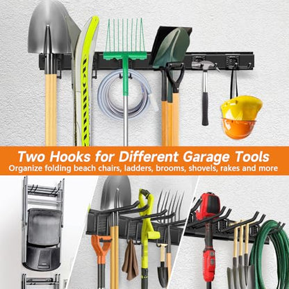 Garage Tool Organizer Wall Mount, Heavy Duty 48 Inches Garage Organization and Storage Racks for Yard Tools with 6 Hooks, Tool Hangers Holders for Hanging Folding Chair, Rake and Shovel - size: 48" Alloy Steel