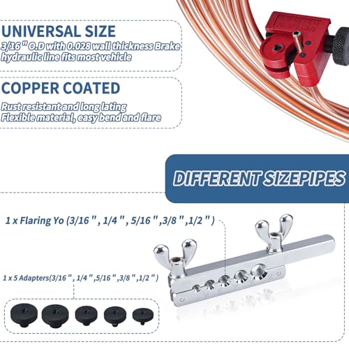 25 ft 3/16 Copper Coated Brake Line Kit 16 Brake Line Fittings and 4 Unions Brake Line Fittings Double & Single Flaring Tool Kit