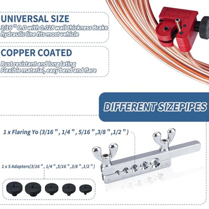 25 ft 3/16 Copper Coated Brake Line Kit 16 Brake Line Fittings and 4 Unions Brake Line Fittings Double & Single Flaring Tool Kit