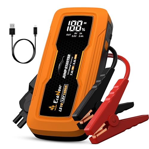 EcoNour car Battery Jump Starter 1600A Peak Up to 7L Gas & 5.5L Diesel Engines 12V Lithium Jump Box with Jumper Cables, USB Charger, LCD Display, LED Flashlight – for Cars, SUVs, Trucks - color: Orange