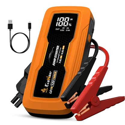 EcoNour car Battery Jump Starter 1600A Peak Up to 7L Gas & 5.5L Diesel Engines 12V Lithium Jump Box with Jumper Cables, USB Charger, LCD Display, LED Flashlight – for Cars, SUVs, Trucks - color: Orange
