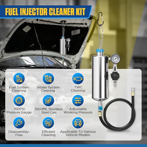Fuel Injector Cleaner Tool Kit, Non-Dismantle Fuel System Cleaner 1000ML 150PSI Fuel Injector Cleaner Kit Pressure Adjustment & Relief Car DIY Fuel Injector Cleaning Kit for Gasoline Car Throttle Body