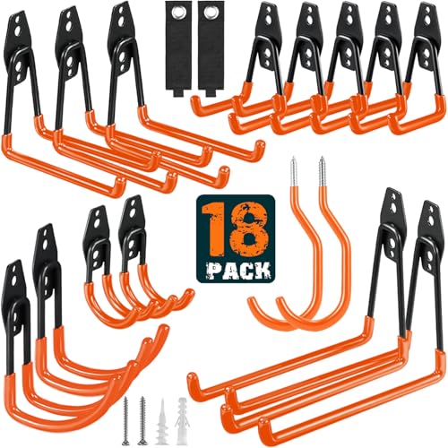 HUPBIPY 18 Pack Garage Hooks Heavy Duty, Wall Mount Ladder Hooks | Storage Organizer With a non-slip coating for Hanging Bicycles Garden Tools Ladders Hoses Ropes and Loose Items(Orange) - color: 18 Pack Orange