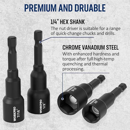 WORKPRO 6 PCS Magnetic Nut Driver Set, 1/4" Hex Shank, Drill Socket Set, Impact Driver Bit Set, 1/4” to 9/16”, Chrome Vanadium Steel, SAE - size: 6PCS Magnetic Nut Driver Set
