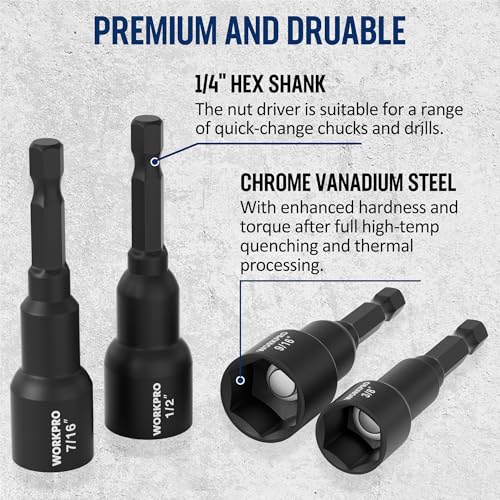 WORKPRO 6 PCS Magnetic Nut Driver Set, 1/4" Hex Shank, Drill Socket Set, Impact Driver Bit Set, 1/4” to 9/16”, Chrome Vanadium Steel, SAE - size: 6PCS Magnetic Nut Driver Set