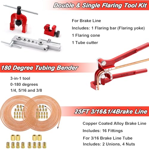 Tnisesm 3/16 Inch+1/4 Inch Brake Line Flaring Tools kit Include Copper-Plated Brake Lines with Upgrade 44Pcs Fitting Brake line Bender Single Flare Tool,Cutter 3/16Inch Brake line kit - style: 3/16 + 1/4 Brake Line Kit with Tube Bender