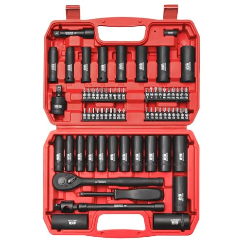 WIILDIS 70pcs 3/8" Drive Impact Socket Set,Standard SAE(5/16 to 3/4-Inch) Metric Size(8-22mm), CR-V Steel Deep Socket Kit, Adapters, Ratchet Handle, Screwdriver Bit Set, Sliding T Bar, 6 Point - size: 70-Piece