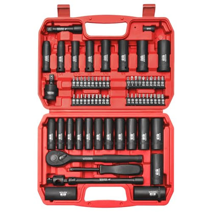 WIILDIS 70pcs 3/8" Drive Impact Socket Set,Standard SAE(5/16 to 3/4-Inch) Metric Size(8-22mm), CR-V Steel Deep Socket Kit, Adapters, Ratchet Handle, Screwdriver Bit Set, Sliding T Bar, 6 Point - size: 70-Piece