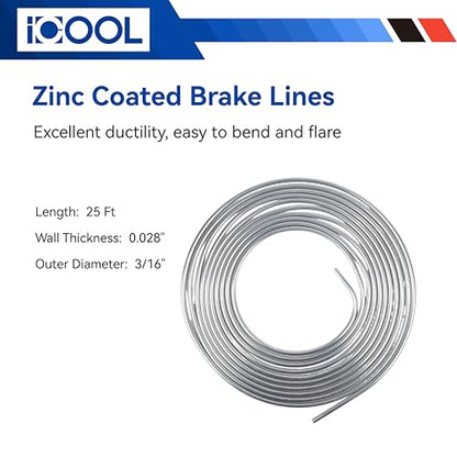 ICOOL 25 ft 3/16" Zinc Coated Brake Line Flaring Tool Kit with 20 Fittings and 4 Unions Brake Line Fittings, Brake Line Kit with Tube Bender and Reamer