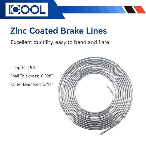 ICOOL 25 ft 3/16" Zinc Coated Brake Line Kit with Double & Single Flaring Tool Kit, Includes 20 Fittings and 4 Unions Brake Line Fittings