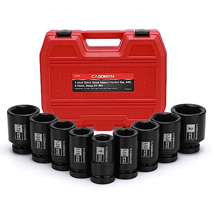 CASOMAN 1-Inch Drive Spindle Axle Nut Impact Socket Set, Deep, 1" to 2", 9PCS Impact Large Socket Set, 6-Point, SAE, CR-MO - size: 9 pcs (25.4 mm - 50.8 mm), style: Deep