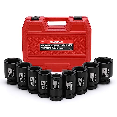 CASOMAN 1-Inch Drive Spindle Axle Nut Impact Socket Set, Deep, 1" to 2", 9PCS Impact Large Socket Set, 6-Point, SAE, CR-MO - size: 9 pcs (25.4 mm - 50.8 mm), style: Deep