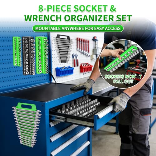 8 Piece Magnetic Socket Organizer Set, 1/4", 3/8", 1/2" Drive Metric and SAE Socket Holder Trays, Socket Organizer for Tool Box Drawer, Garage, Workbench and Mechanic Cart, Black and Green