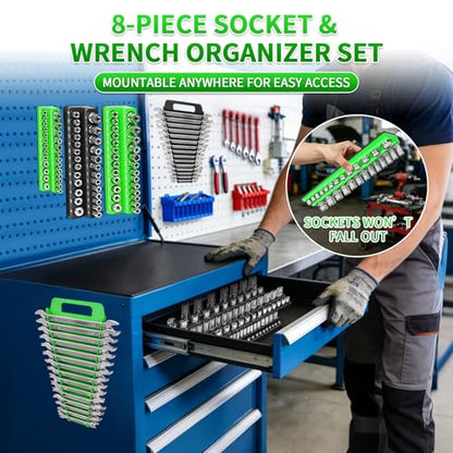 8 Piece Magnetic Socket Organizer Set, 1/4", 3/8", 1/2" Drive Metric and SAE Socket Holder Trays, Socket Organizer for Tool Box Drawer, Garage, Workbench and Mechanic Cart, Black and Green
