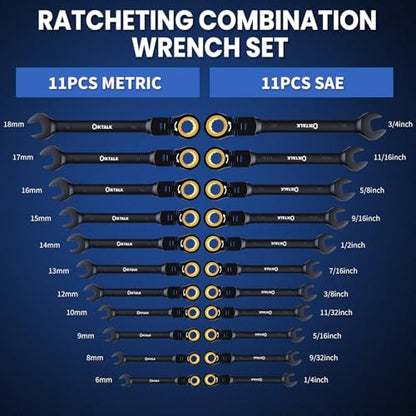 22-Piece Ratcheting Wrench Set with 180° Flex Head & Anti-Slip Design, Metric (6-18mm) and SAE (1/4-3/4") Combination Wrench Set, Professional Grade Chrome Vanadium Steel with Organizer Box