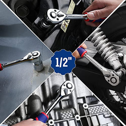WORKPRO 1/2" Drive Ratchet Wrench, 72-Tooth Reversible | Quick-Release, CR-MO Head, Chrome Plated Finish, Ergonomic Non-Slip Handle - size: 1/2"