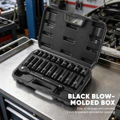 Aloanes 3/8" Drive Impact Socket Set, 21-Piece Deep & Shallow Sockets SAE (5/16"- 7/8"), 72-Tooth Ratchet Wrench, 6 Point Design, Cr-V Steel - size: 3/8" 21 PCS SAE