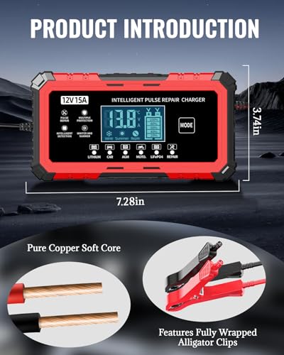 12V 15A Car Battery Charger - Smart Automatic Trickle Charger Battery Maintainer for Car Battery with Pulse Repair & LCD Display, Compatible with Lithium/CAR/AGM/Moto/LiFePO4 Batteries - color: Red