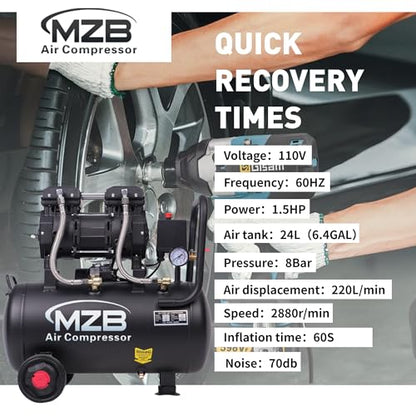 MZB 6.4 Gallon Ultra Quiet Air Compressor 110V/60Hz 7.41CFM 1.5HP, MAX 115PSI Steel Tanks Oil-Free 70dB Noise Level Air Compressor with Wheels for Spray Painting, Auto Repair, Carpentry Decoration - size: MZB-1100H-24
