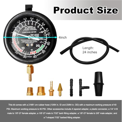 DXNQ Fuel Pump and Vacuum Tester Gauge, Gasoline Pressure Meters Fuel Pressure Tester Kit, Automotive Engine Fuel System Testing Tool Carburetor Leakage Diagnosis, Car Accessories