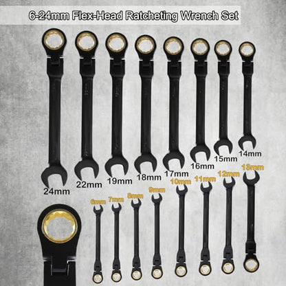 Flex-Head Ratcheting Combination Wrench Set, 16-Piece Metric Wrench Set 6-24mm | 72-Teeth | Cr-V Constructed | Fully Polished (Black) | with Organization Bag