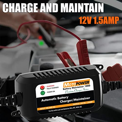 MOTOPOWER MP00206A 12V 1.5Amp Automatic Battery Charger, Battery Maintainer for Cars, Motorcycles, ATVs, RVs, Powersports, Boat and More