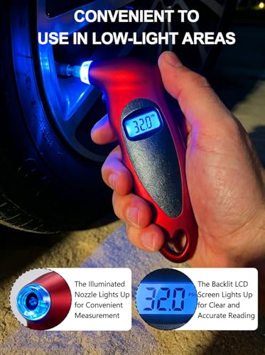 Digital Tire Pressure Gauge 150 PSI, Accurate in 0.1 Increments,1 Pack Tire Pressure Gauge with Backlight LCD, 4 Units (PSI/Bar/Kgf/cm²/KPA) Applicable to Car Truck Bicycle, Red - color: Red