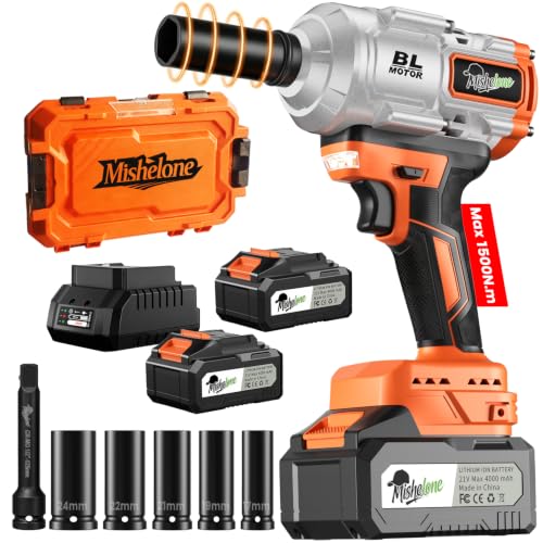 Cordless Impact Wrench 1/2 Inch, 21V Brushless 1106 ft-lbs (1500N.m) High Torque, 2×4.0Ah Batteries, LED Work Light, Storage Case & 5 Sockets – Lug Nut Removal & Auto Repair - color: Orange