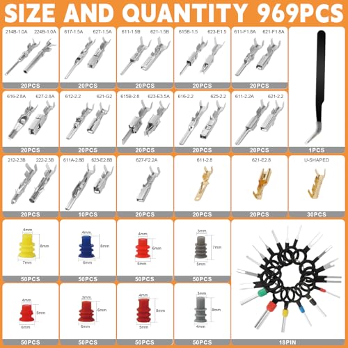 969Pcs Automotive Pin Connectors Kit,28 Types Electrical Terminal Pins Kit with Crimp Tool Male&Female Wire Connector Terminal Wire Harness 1/1.5/1.8/2.2/2.3/2.8/3.5mm (969PCS Pin Kit & Crimp Tool)