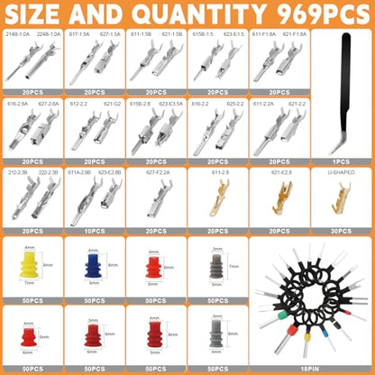 969Pcs Automotive Pin Connectors Kit,28 Types Electrical Terminal Pins Kit with Crimp Tool Male&Female Wire Connector Terminal Wire Harness 1/1.5/1.8/2.2/2.3/2.8/3.5mm (969PCS Pin Kit & Crimp Tool)